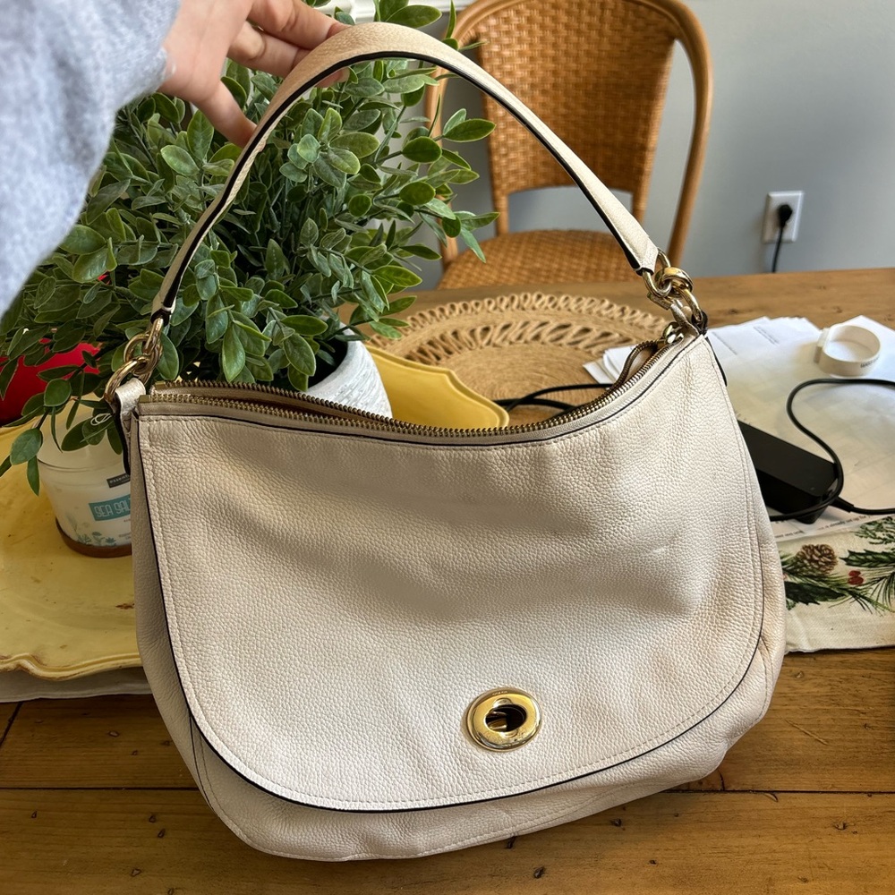 White Coach Bag with Gold Detailing